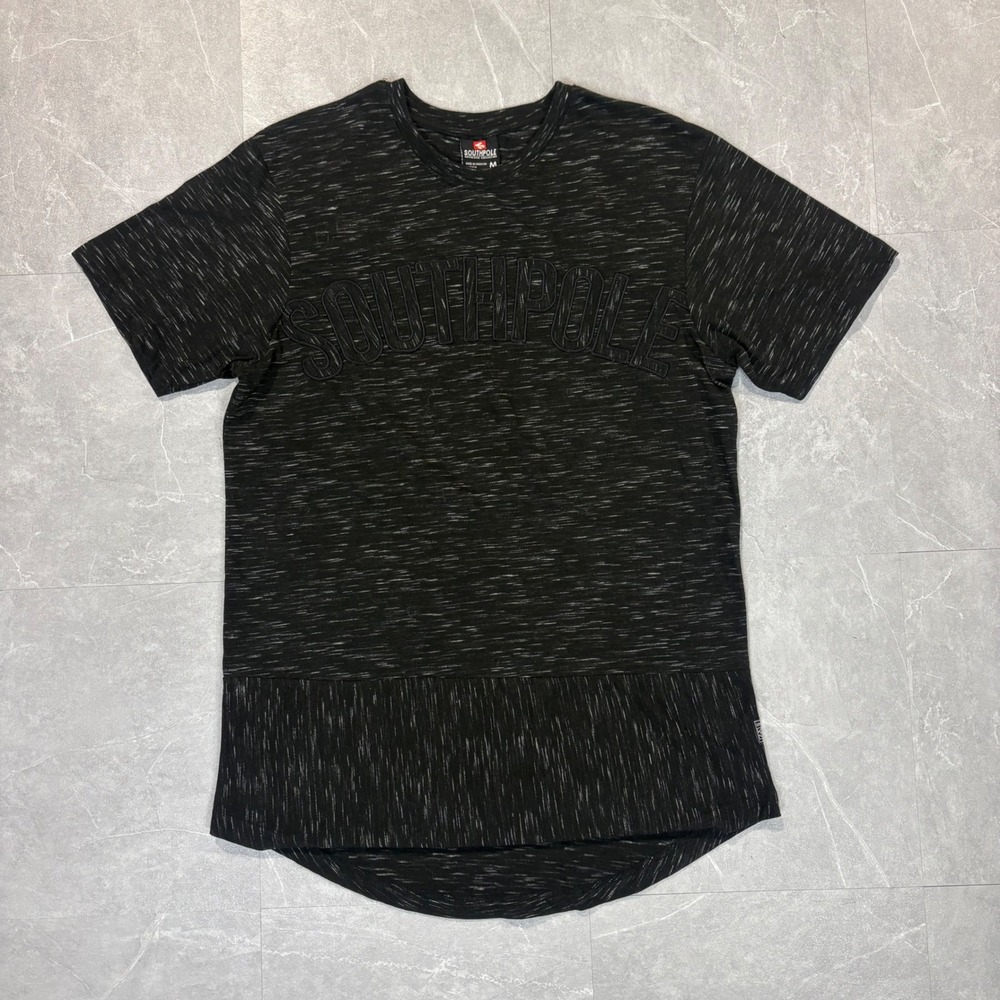 Southpole Mens Black Space Dye Embroidered Logo T-Shirt Curved Hem Size M